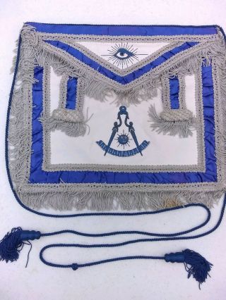Vintage Past Master Masonic Leather Apron - Blue Trim/white Leather/grey Fringe