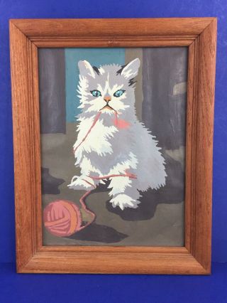 Vintage Framed Paint By Number Kitten Cat W/ Yarn