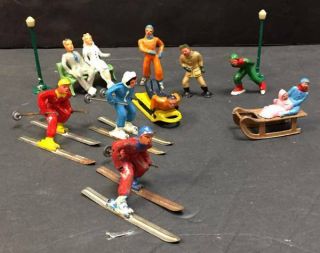 Vintage Barclay Lead Winter Christmas 10 Figures,  2 Sleds & Bench,  2 Street Lamp
