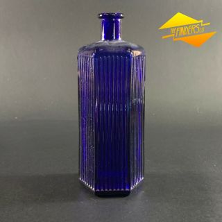 Awesome Vintage Cobalt Blue Hexagonal Ribbed Glass Bottle Marked 