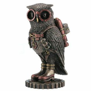 Steampunk Owl With Jetpack Statue Sculpture On Gears