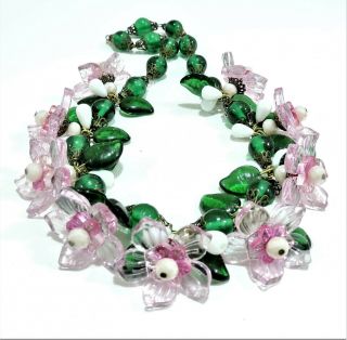 Vintage Pink White Green Flowers Leaves Lampwork Art Glass Bead Necklace No19115