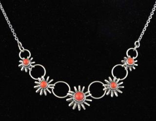 1970s - Vintage Sterling Silver & Red Coral Flowers Necklace