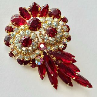 D&e Juliana Vintage Ruby Red Navette Flower Rhinestone Ab Crystal Brooch Pin 423