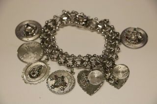 Vintage Double Link Sterling Silver Charm Bracelet With Safety Chain W/ Charms
