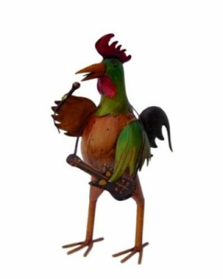 Indian Rooster Musician Chicken Painted Metal Craft Sculpture Garden Home Decor