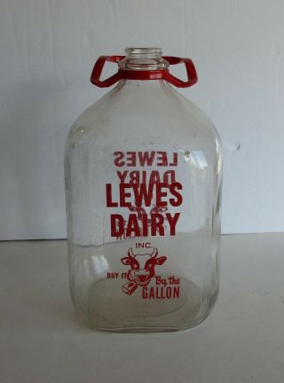 Vintage Lewes Dairy Inc.  Glass Gallon Milk Bottle Red Handle
