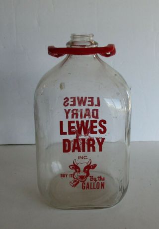 Vintage Lewes Dairy Inc.  Glass Gallon Milk Bottle Red Handle 2