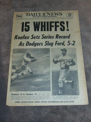 Oct 3,  1963 Ny Newspaper: Los Angeles Dodgers Sandy Koufax Fans Series Record 15
