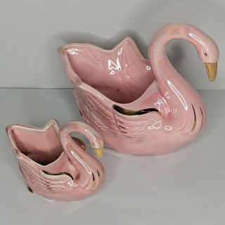 (2) Vintage Ceramic Swan Planters 10 " Large 6 " Small Flamingo Pink Lusterware