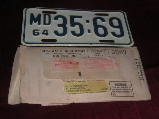 Old Vintage 1964 Maryland Motorcycle License Plate