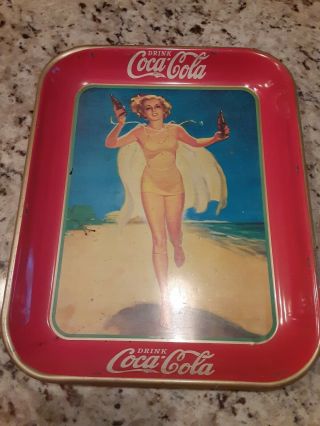 1937 Coca - Cola Serving Tray Made In Usa Girl Bathing Suit Beach Coke
