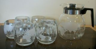 Vintage Nescafe Nestle World Globe Clear Glass Coffee Tea Juice Mug Cup Pot Set