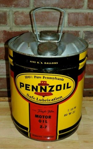 Vintage Pennzoil 5 Gallon Motor Oil Can Large Great Color Handle