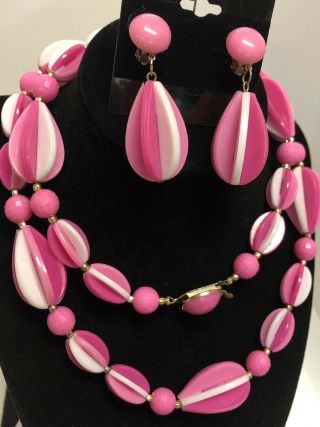 Vintage Hong Kong “pretty In Pink” Lucite Bead Necklace & Earrings - Mod Pop Art