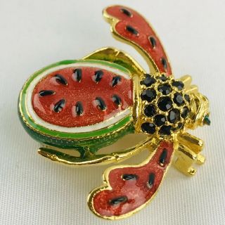 Joan Rivers Watermelon Bee Pin Brooch Crystal Onyx Rhinestones Enameled Gold Box