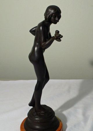 Vintage Art Deco Bronze Statue Of A Nude Woman Holding A Bird