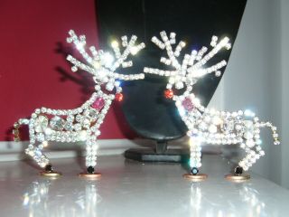 2x Vintage Glass Rhinestone Stand Up Christmas Reindeer Signed N20