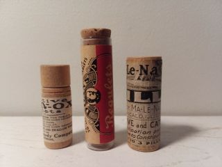3 Vintage Patent Medicine Bottles Contents Labels Ma - Le - Na,  Iron - Ox,  Doan 