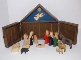 Small Hand Carved And Painted Folk Art Wooden Nativity