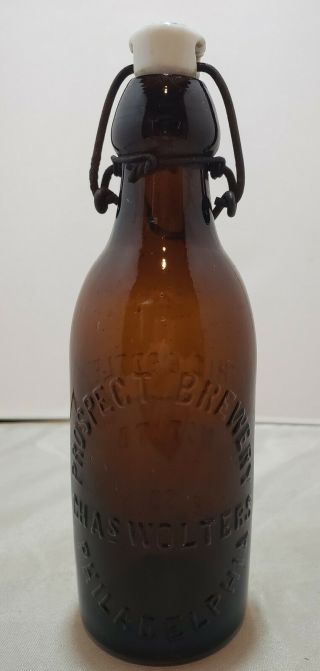 Prospect Brewery Chas Wolters Amber Beer Bottle Porcelain Stopper Philadelphia