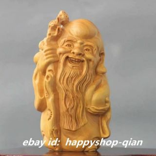 83mm Chinese Box - Wood Carved Taoism Longevity God Shou Star Peach Small Statue