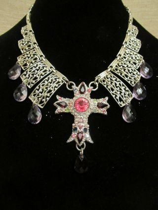 Vintage Sarah Coventry & Rhinestone Cross Statement Necklace - Repurposed