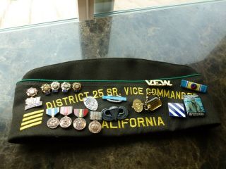 District 25 Sr.  Vice Commanders Veterans Of Foreign Wars Hat W/ 19 Pins Ribbons