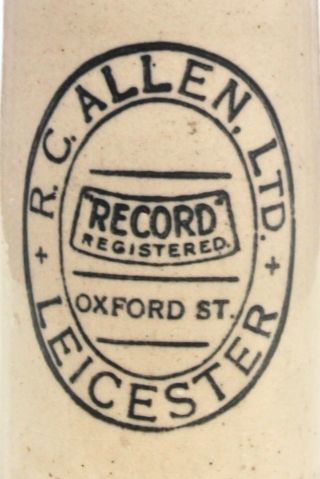 Vintage 1920s R.  C Allen Ltd Leicester Record Registered Stone Ginger Beer Bottle
