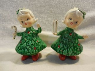Vintage Lefton Japan Ceramic Christmas Holly Girl Figurines 3534 - 1 With Chip