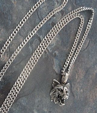 Vintage Sterling Silver Fox Head Pendant And 24 " Chain - Hunting C.  1970s