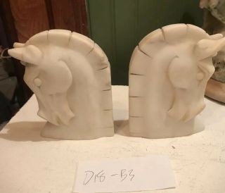 (2) Lg Vintage Art Deco Style Marble Horse Head Bookend Carved Alabaster Statue