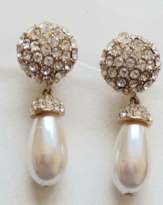 St John Vintage Earrings Haute Couture Pave Ice Rhinestones & Pearl Drops