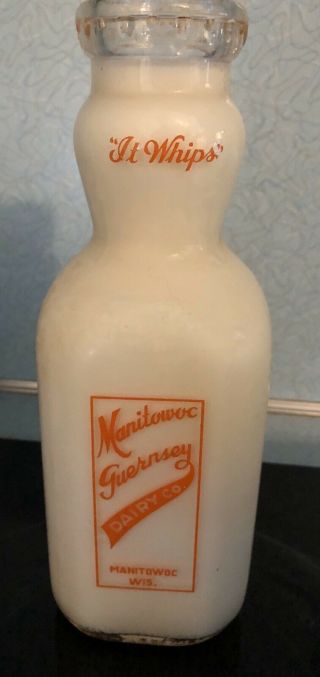 Vintage Glass Quart Milk Bottle Manitowoc Guernsey Dairy Company