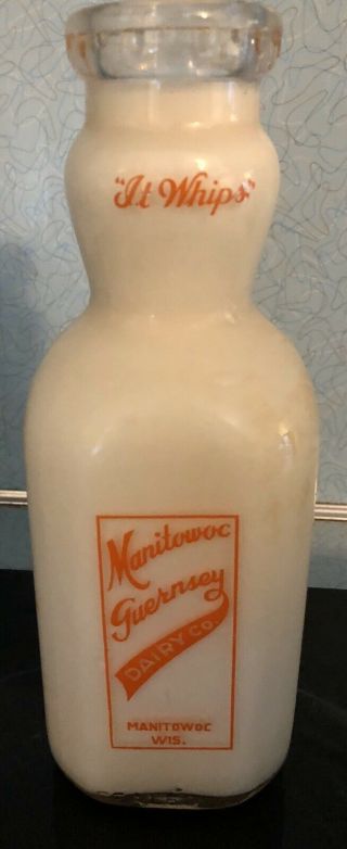 Vintage Glass Quart Milk Bottle Manitowoc Guernsey Dairy Company 2