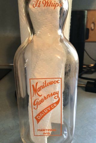 Vintage Glass Quart Milk Bottle Manitowoc Guernsey Dairy Company 3