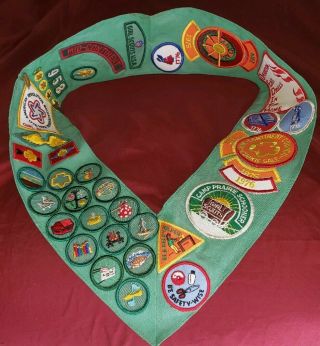 Official Green Girl Scout Scarf Sash With Tons Of Patches 1970 
