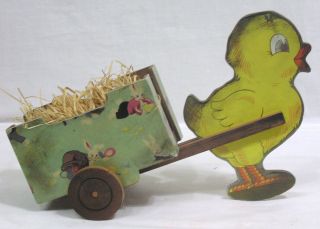 Vtg Pressed Wood Easter Chick Cart Candy Container W Great Graphics 1930s