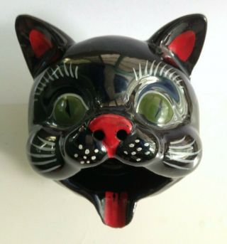 Vintage Japan Black Cat Head Ashtray Redware Incense Burner Shafford Halloween