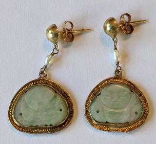 Vintage Chinese Sterling Silver Filigree Carved Jade Pearl Dangle Earrings