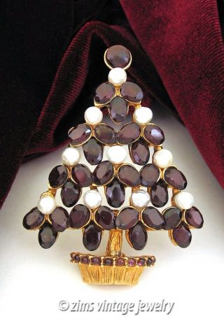 Vintage Swoboda Signed Garnet Gemstone Christmas Tree Fw Pearl Gold Pin Brooch