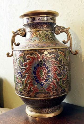 Antique Large Heavy Japanese Cloisonne Enamel Vase Urn
