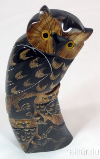Handcrafted Owl Sculpture Carved Buffalo Black Horn Ns3