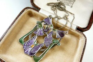 Art Nouveau Style Sterling Silver Enamel Pansy Viola Pendant Necklace Hallmarked
