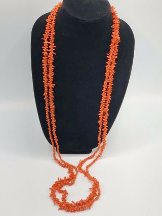 Long Double Strand Vintage Natural Undyed Salmon Branch Coral Sterling Necklace