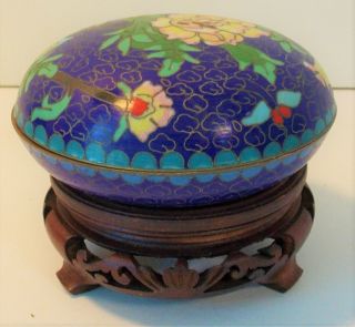 Old Chinese Cloisonne Enamel Lidded Trinket Box Floral With Carved Wood Stand