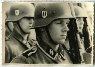 German Wwii Archive Photo: Group Of Lining Up Soldiers In Helmets