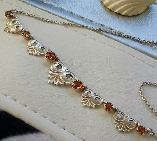 Divine Arts & Crafts English Sterling Silver Sun Orange Diamante Necklace 16.  5 "