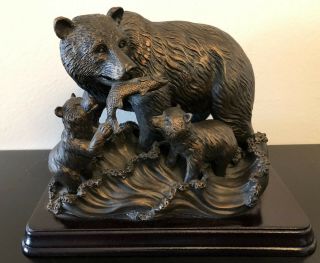 Always & Forever Metal Bronze Looking Bear With 2 Cubs Catching Fish Ac91930