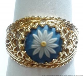 Vintage 14k Yellow Gold Filigree Painted Clay Stone Ring Size 6.  5 Fine Jewelry